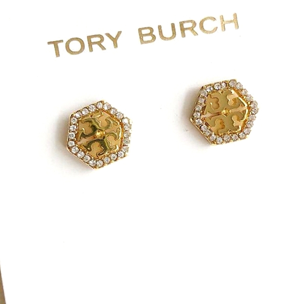 New Tory Burch Hex Pavé Stud Earrings in Gold